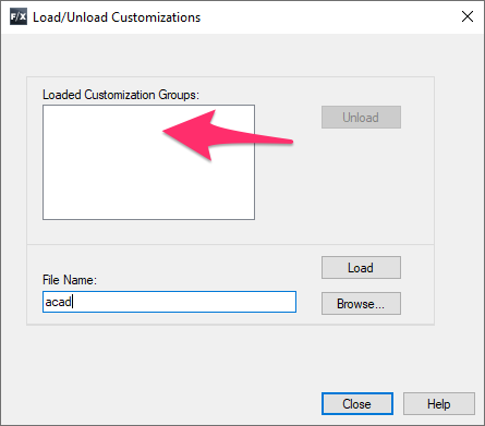 Load/Unload Customizations dialog box, no menus included in Loaded Customization Groups