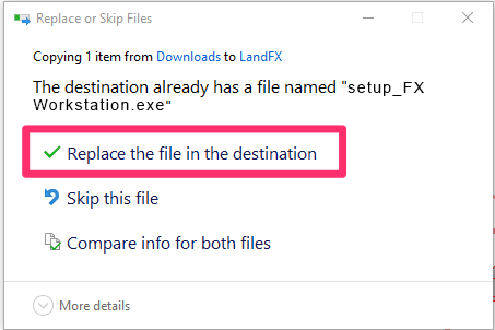Replace the file in the destination option