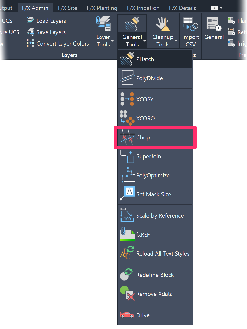 F/X Admin ribbon, Chop Flyout