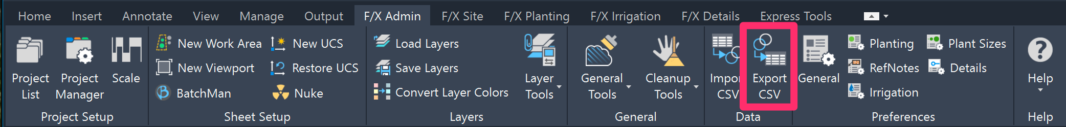 F/X Admin ribbon, Export CSV button