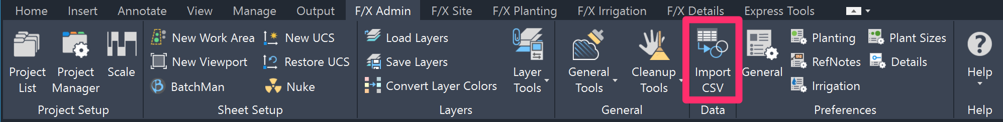 F/X Admin ribbon, Import CSV flyout