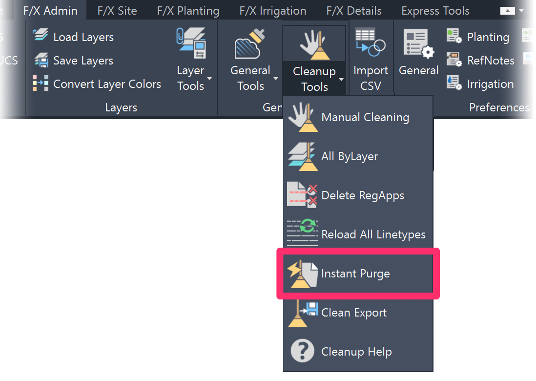 F/X Admin ribbon, Instant Purge flyout