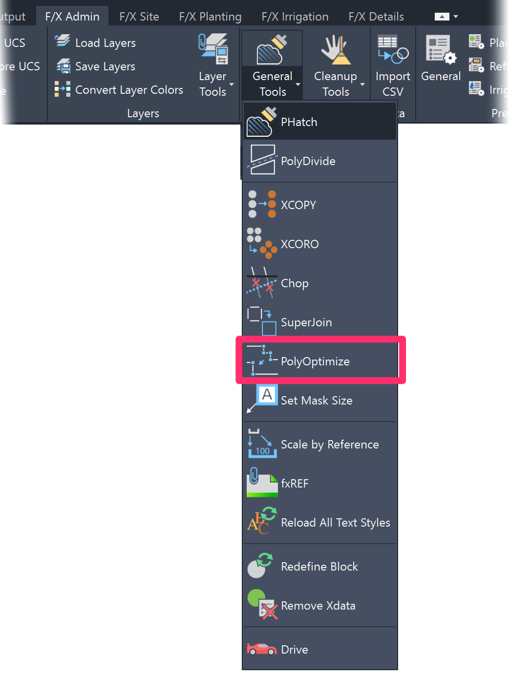 F/X Admin ribbon, PolyOptimize flyout
