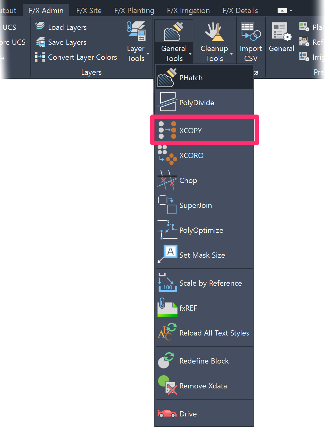 F/X Admin ribbon, XCOPY buton