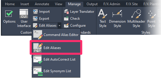 Manage ribbon, Edit Aliases flyout