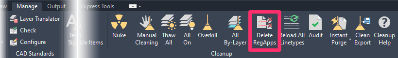 Manage ribbon, DelRegApps button (F/X CAD only)