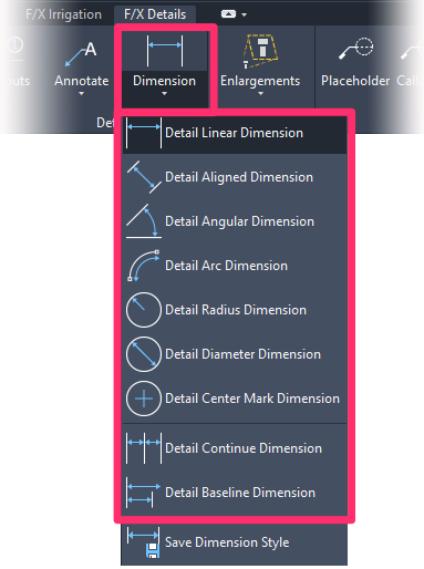 F/X Details ribbon, Detail Dimensions flyouts