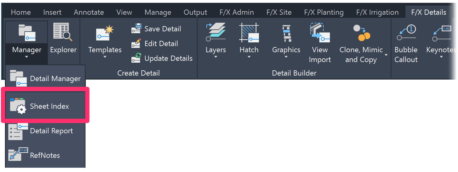 F/X Details ribbon, Sheet Index flyout