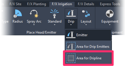 F/X Irrigation ribbon, Area for Dripline flyout