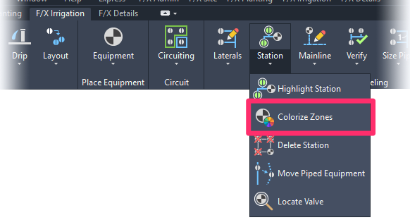 F/X Irrigation ribbon, Colorize Zones flyout