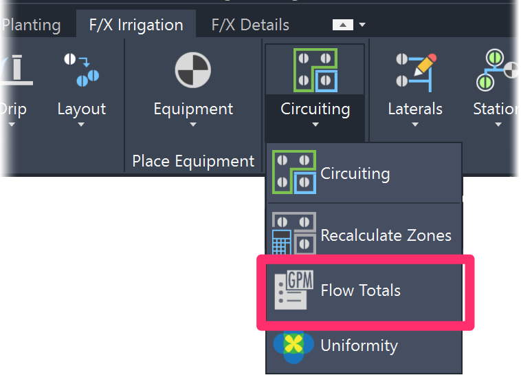 F/X Irrigation ribbon, Flow Total button