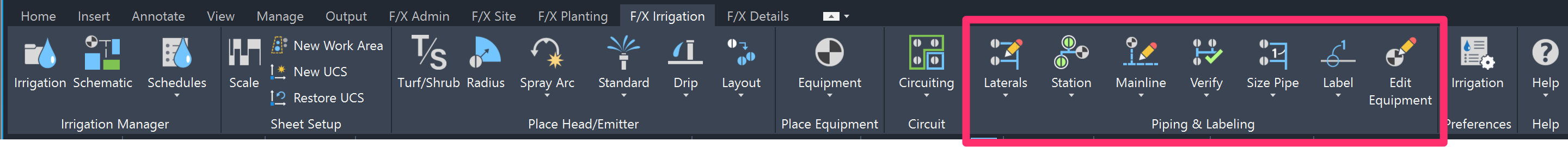F/X Irrigation ribbon, Piping & Labeling pane