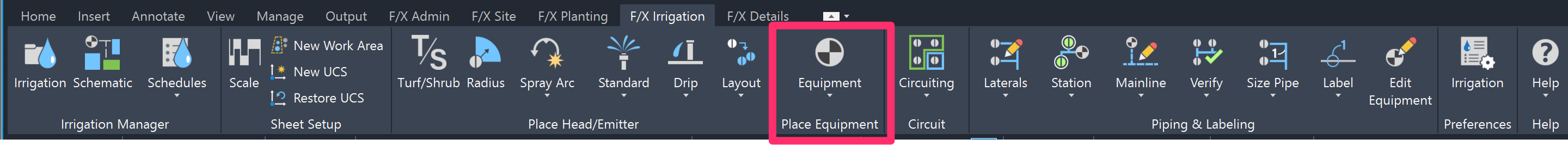 F/X Irrigation ribbon, Place Equipment pane
