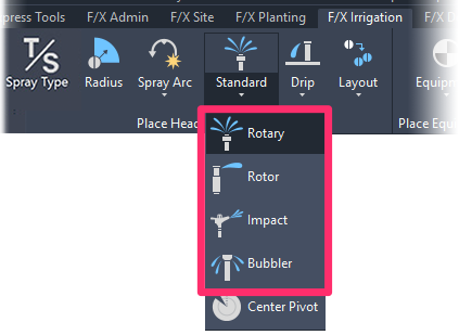 F/X Irrigation ribbon, buttons for placing rotary, rotor, impact, and bubbler emitters