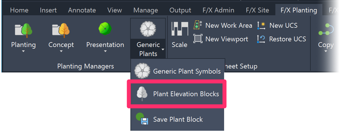 F/X Planting ribbon, Plant Elevation Blocks button