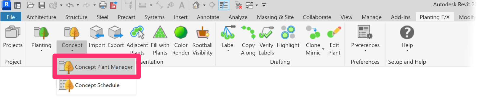 Planting F/X ribbon in Revit, Concept Plant Manager button