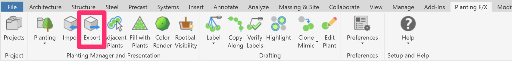 Planting F/X ribbon in Revit, Export button