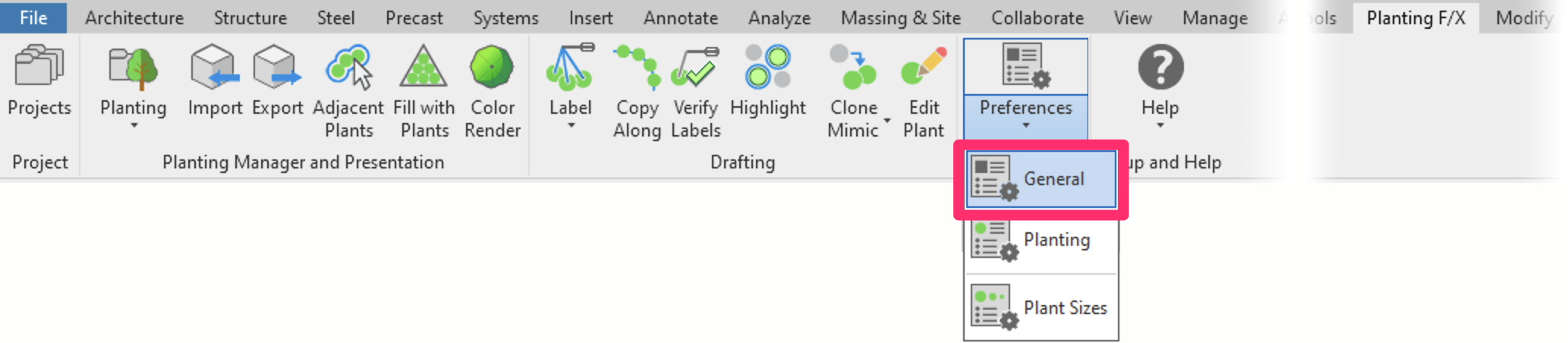 Planting F/X ribbon in Revit, General flyout