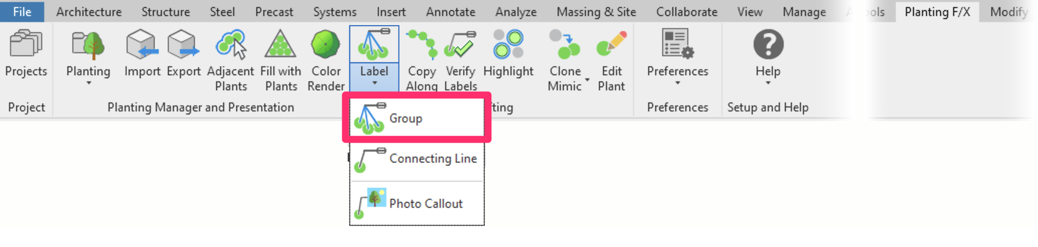 Planting F/X ribbon in Revit, Group flyout