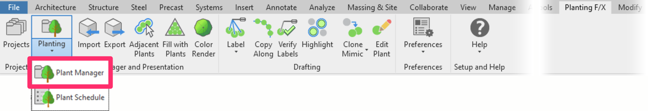 Planting F/X ribbon in Revit, Plant Manager flyout