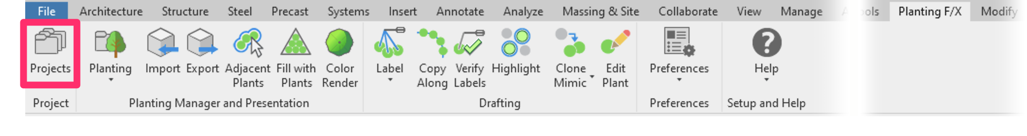 Planting F/X ribbon in Revit, Project button