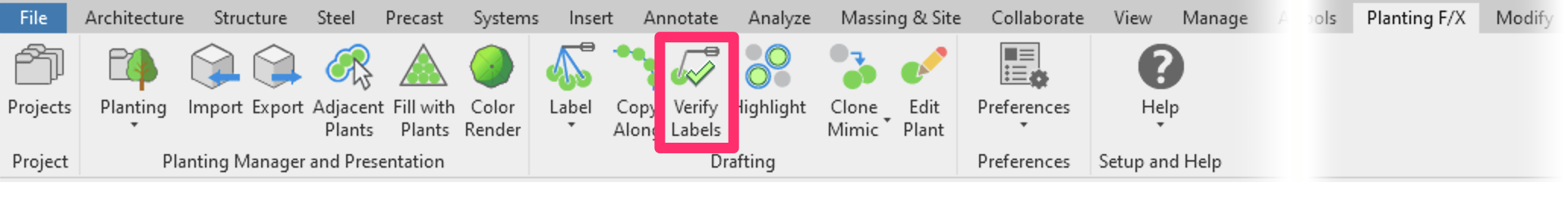 Planting F/X ribbon in Revit, Verify Labels button