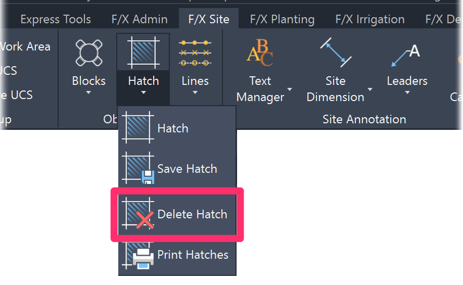 F/X Site ribbon, Delete Hatch button