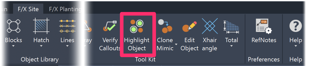 F/X Site ribbon, Highlight Object button