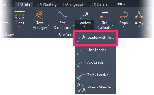 F/X Site ribbon, Leader with Text flyout