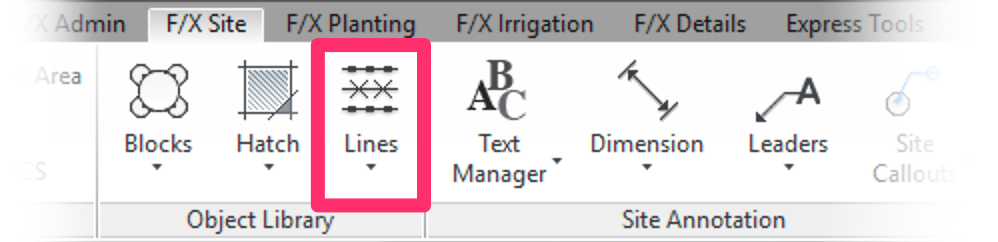 F/X Site ribbon, Lines button with Railing icon displayed