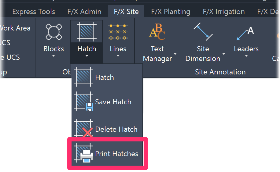 F/X Site ribbon, Print Hatches flyout