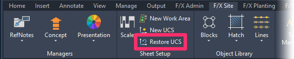 F/X Site ribbon, Restore UCS button