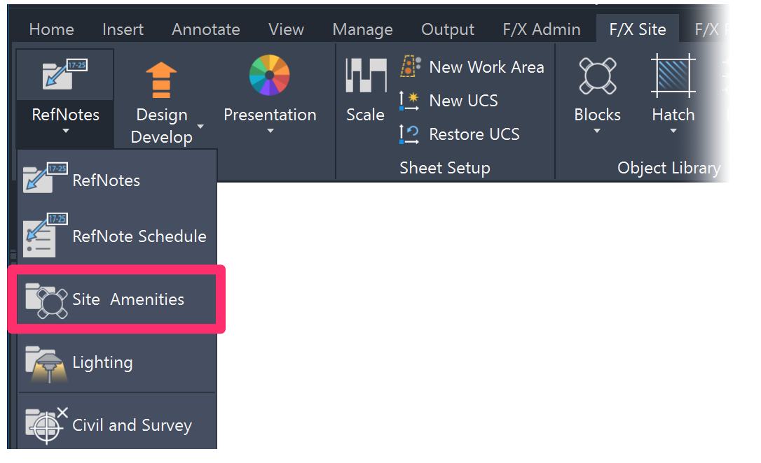 F/X Site ribbon, Site Amenities flyout