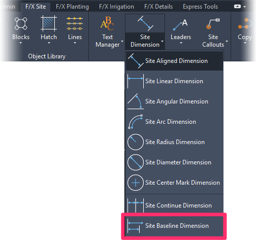 F/X Site ribbon, Baseline Dimension flyout