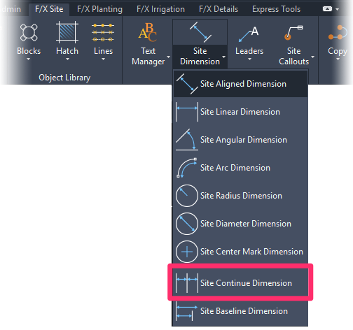 F/X Site ribbon, Site Continue Dimension flyout