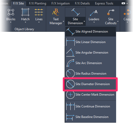 F/X Site ribbon, Diameter Dimension flyout