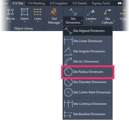 F/X Site ribbon, Radius Dimension flyout