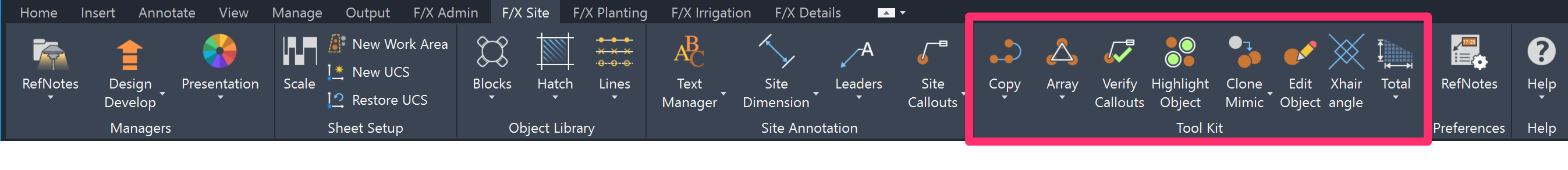 F/X Site ribbon, Tool Kit pane