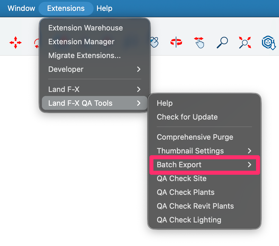 Land F/X Q-A Tools menu in SketchUp, Batch Export option