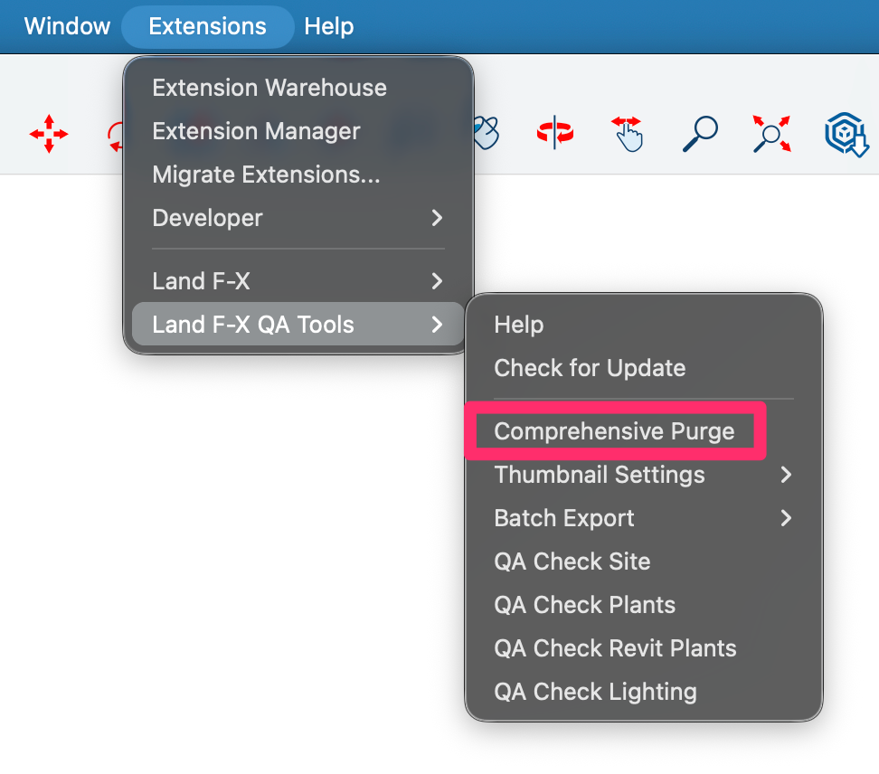 Land F/X Q-A Tools menu in SketchUp, Comprehensive Purge option