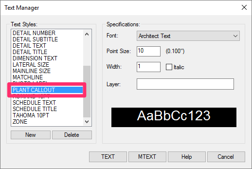 Text Manager, accessed from Text tool