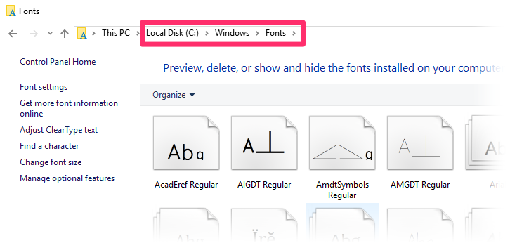 Fonts folder in Windows