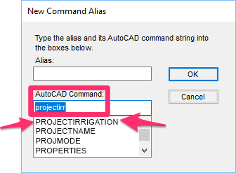 Command located, New Command Alias dialog box