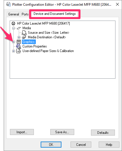 Expanding the Graphics option in the Plotter Configuration Editor