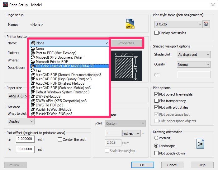 Selecting a plotter in the Page Setup Manager