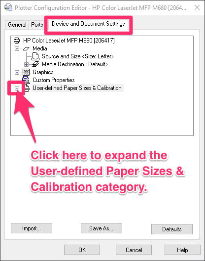 Expanding the User-defined Paper Sizes and Calibration category, Plotter Configuration Editor
