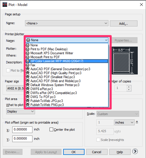 Page Setup dialog box, Name menu