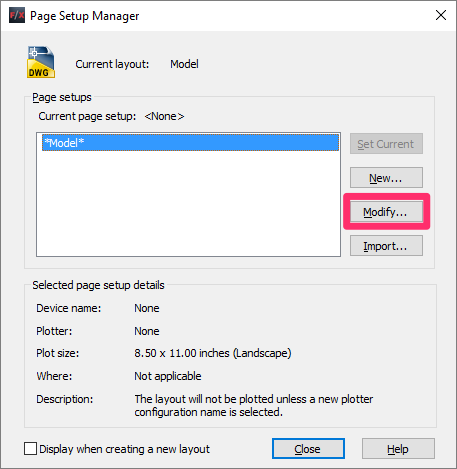 Page Setup Manager, Modify button