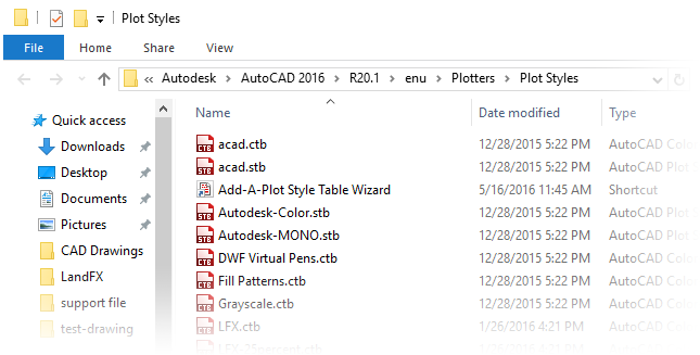 Plot Style Manager listing all saved CTB files