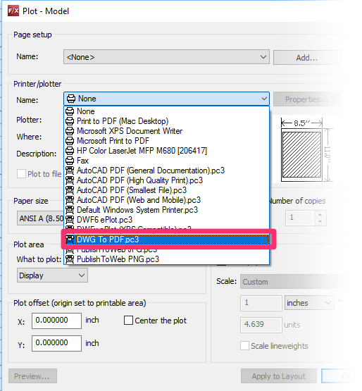 Plot dialog box, DWG to PDF.pc3 option